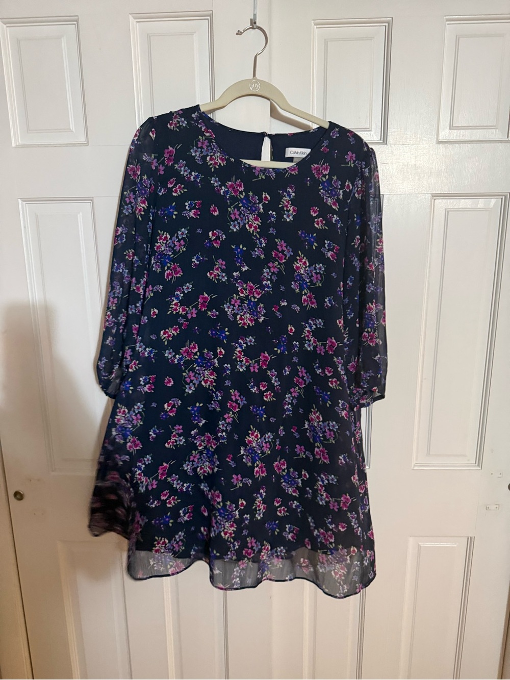 Calvin Klein Navy Floral Long-Sleeve Shift Dress